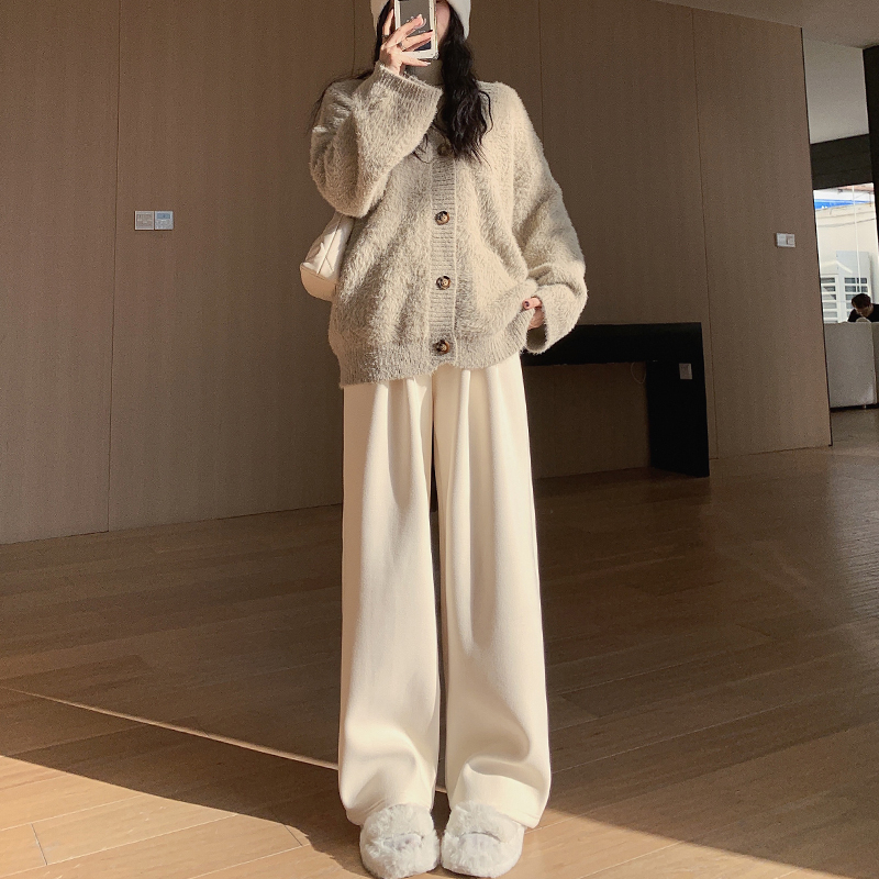 米白色加绒阔腿裤女秋冬2023新款加厚宽松直筒休闲百搭防风糯米裤