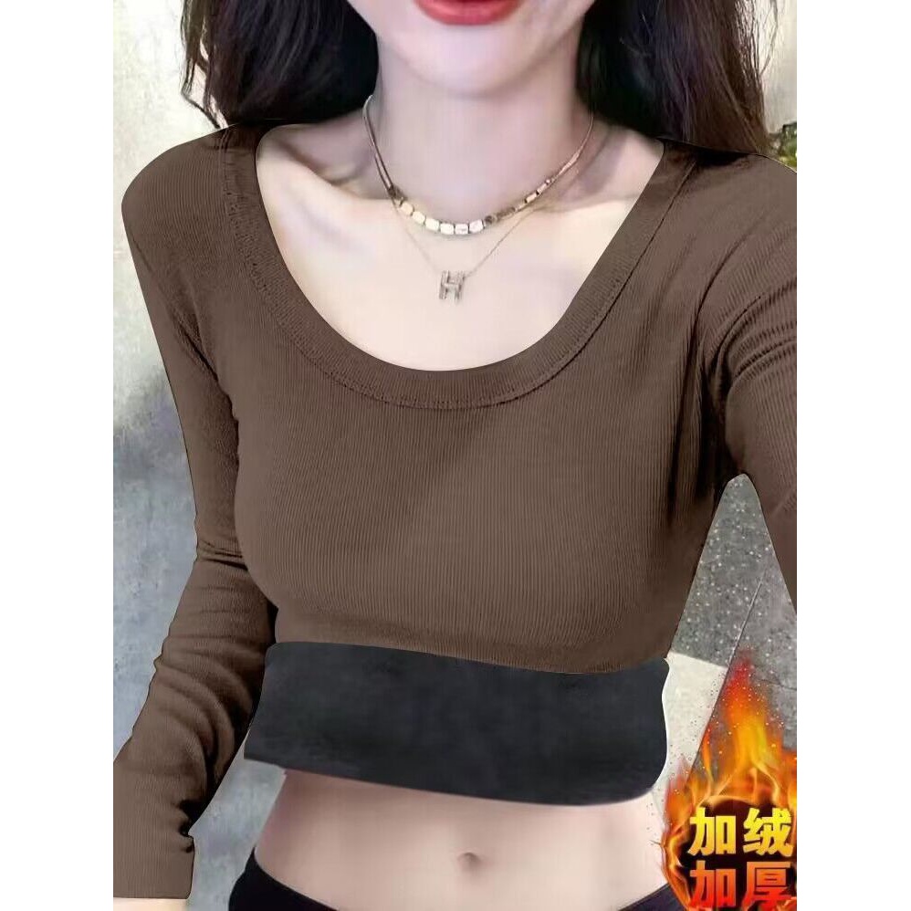 冬季保暖打底衫内衣女加绒加厚大码胖mm修身内搭圆领长袖T恤上衣