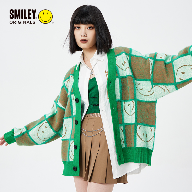 【SLEY笑脸服饰】秋季宽松V领时尚毛衣外套长袖针织开衫620329525
