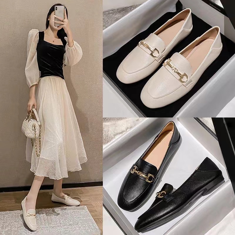 2023秋季法式乐福鞋女一脚蹬两穿英伦风软皮平底百搭小单鞋