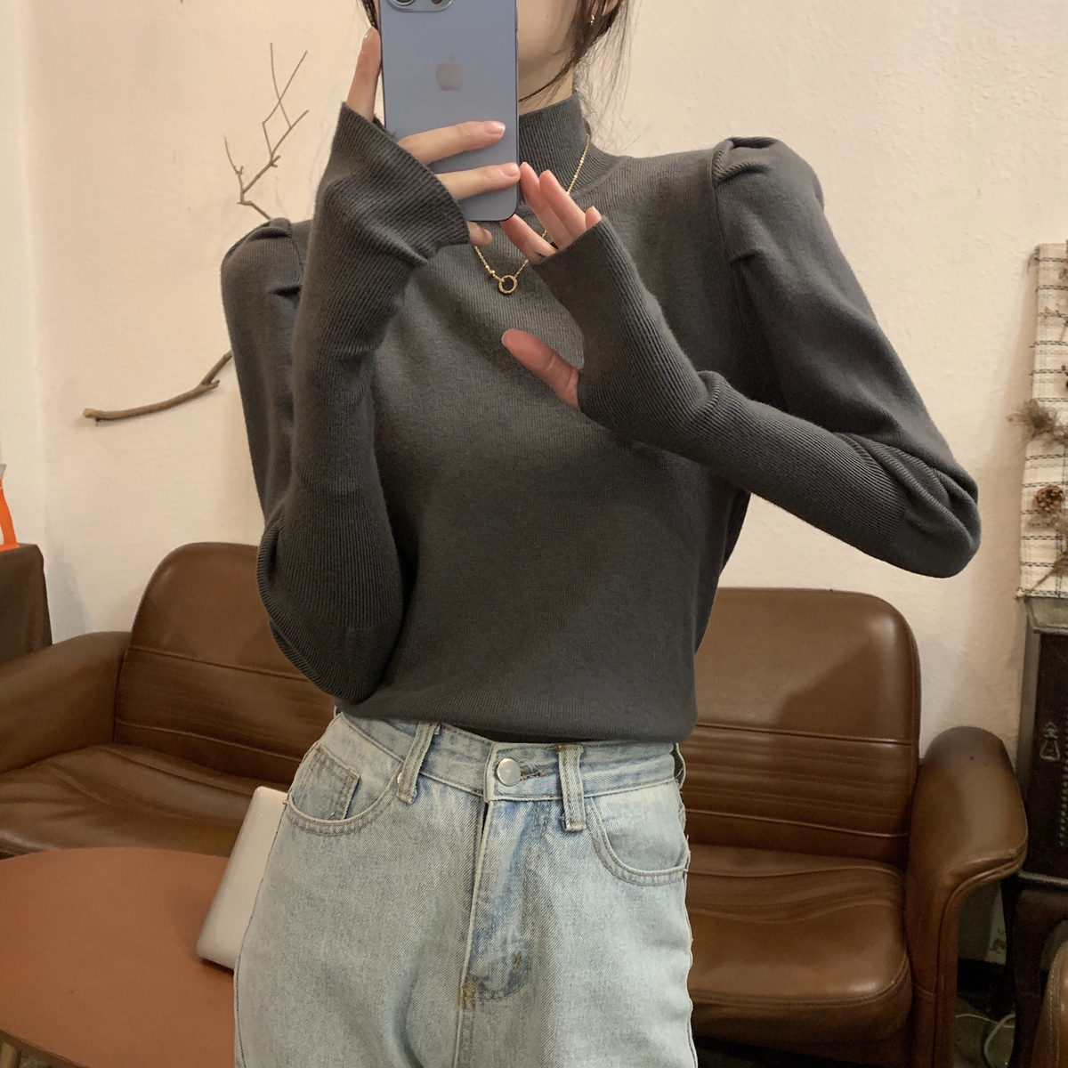 2023秋冬韩版半高领百搭显瘦泡泡袖针织衫打底毛衣女5701#