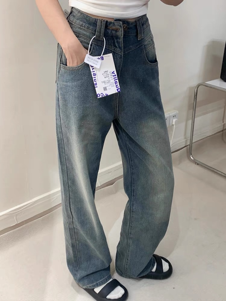 美式复古星空纹直筒牛仔裤女秋冬新款设计感小众高腰显瘦阔腿长裤