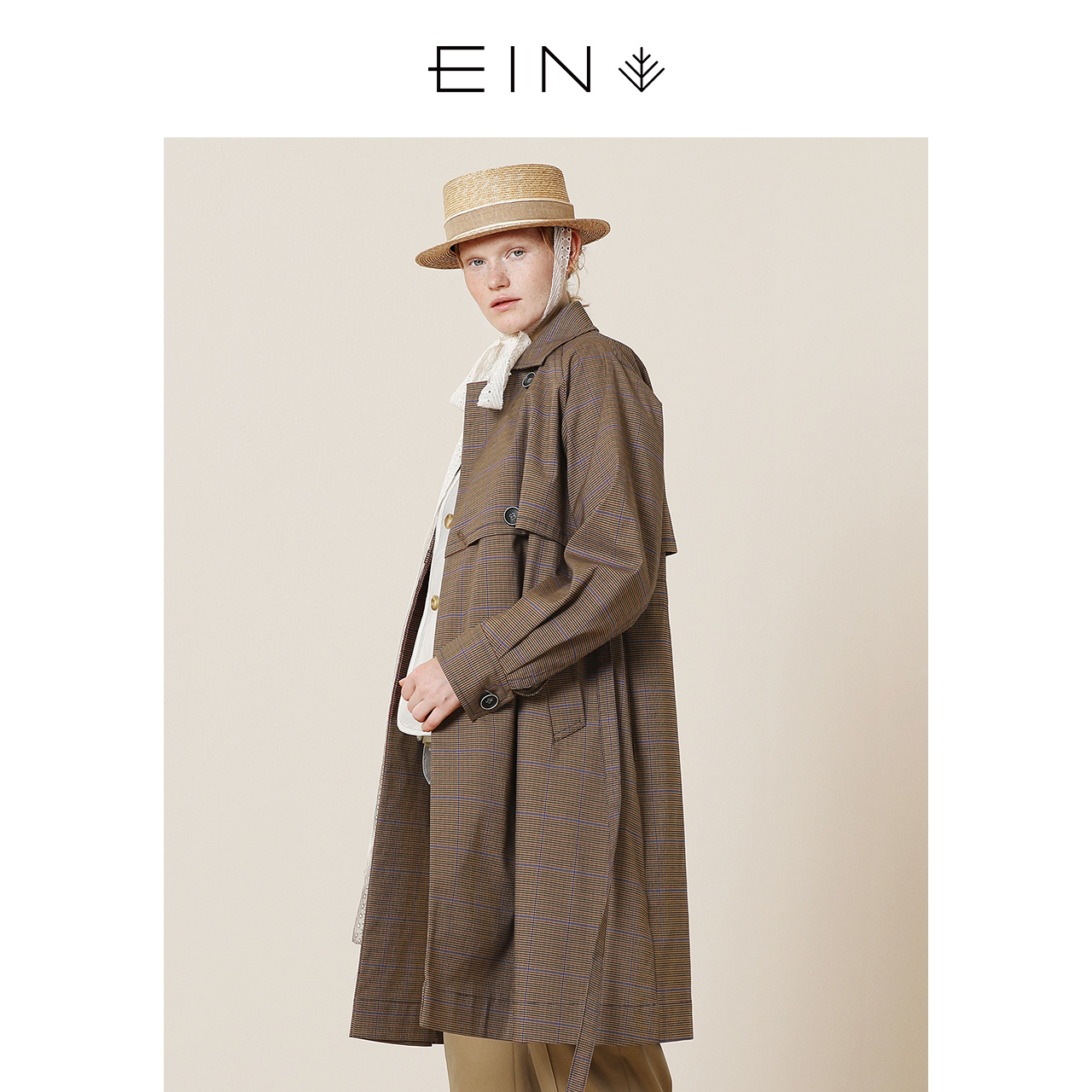 EIN/言EIN言文艺复古风衣女中长款格纹外套宽松翻领双排扣新款
