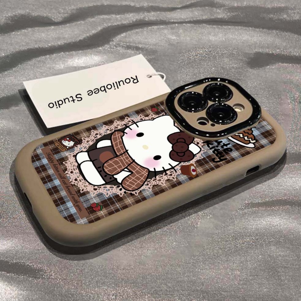 围巾格纹猫泡芙壳适用iPhone15/14/13手机壳苹果小米vivo华为oppo