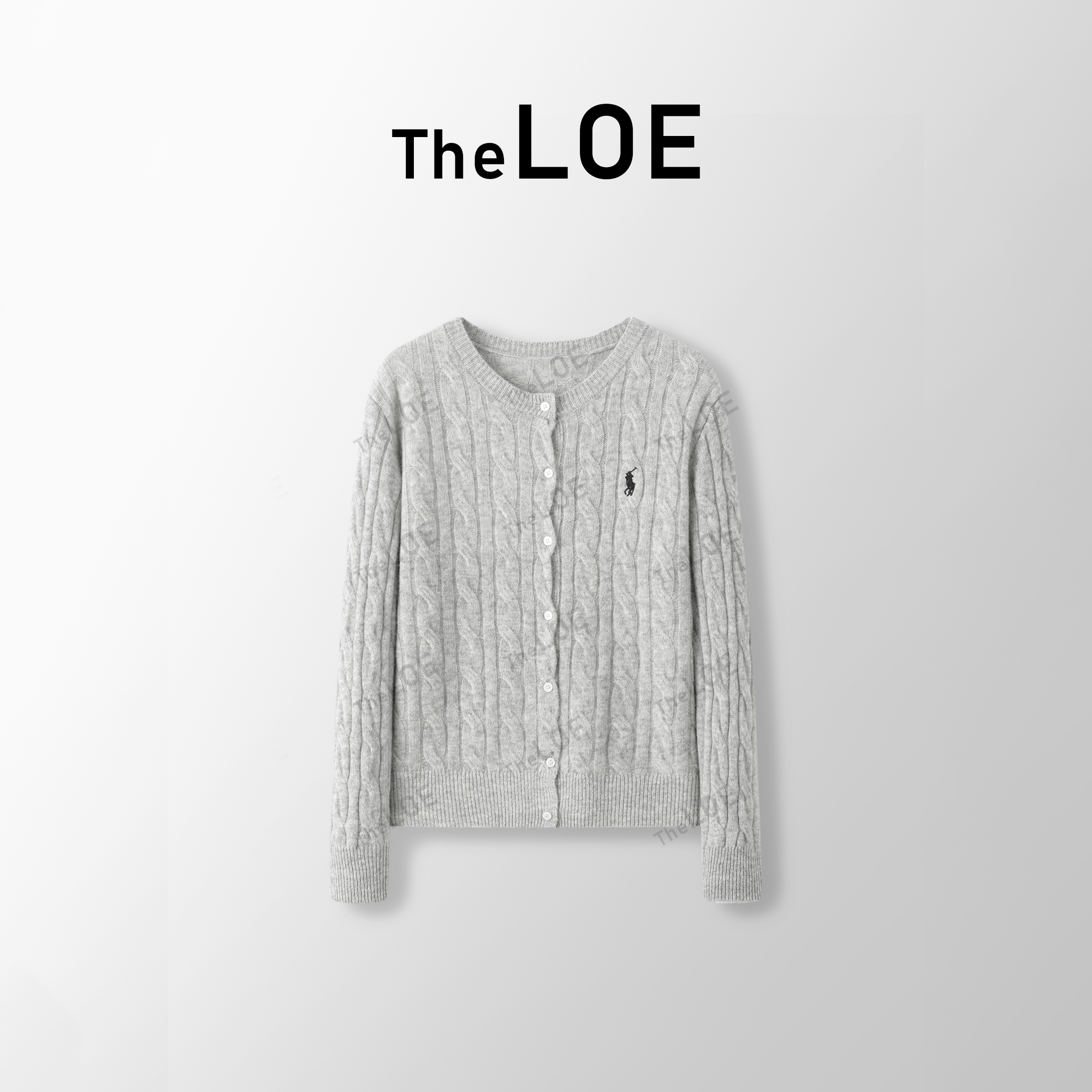 TheLOE/「马球灰」百分绵羊毛针织麻花刺绣温暖开衫#LE-18583