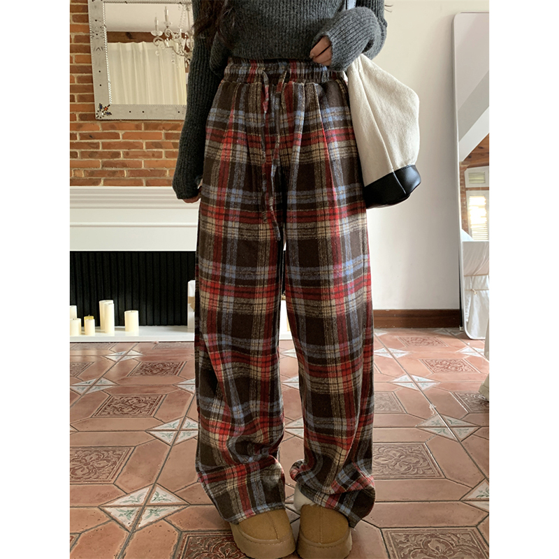 红色格子休闲裤女秋冬新款美式复古宽松阔腿裤高腰直筒毛呢拖地裤