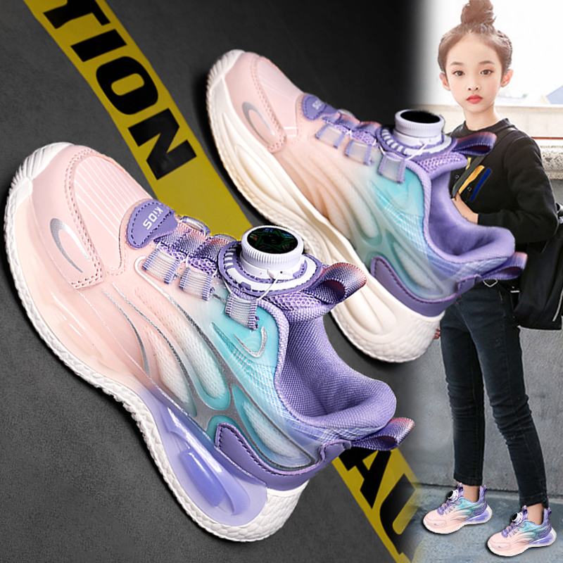 鸿尔星童克女童鞋春季新款旋转扣儿童运动鞋中大童软底皮面老爹鞋