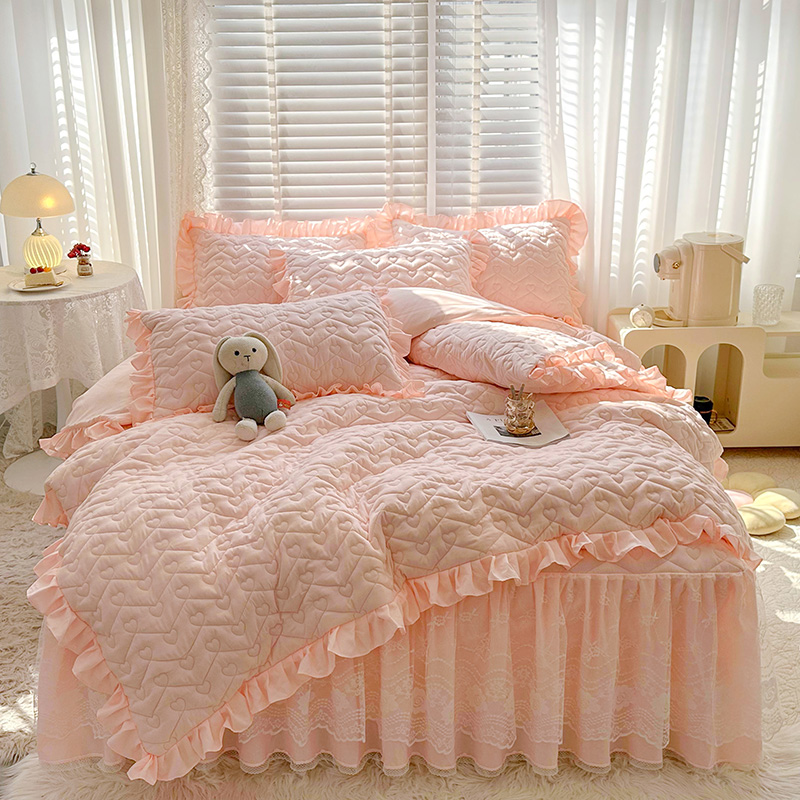 全夹棉床笠式床裙款四件套床上公主风蕾丝边被套三件套四季通用