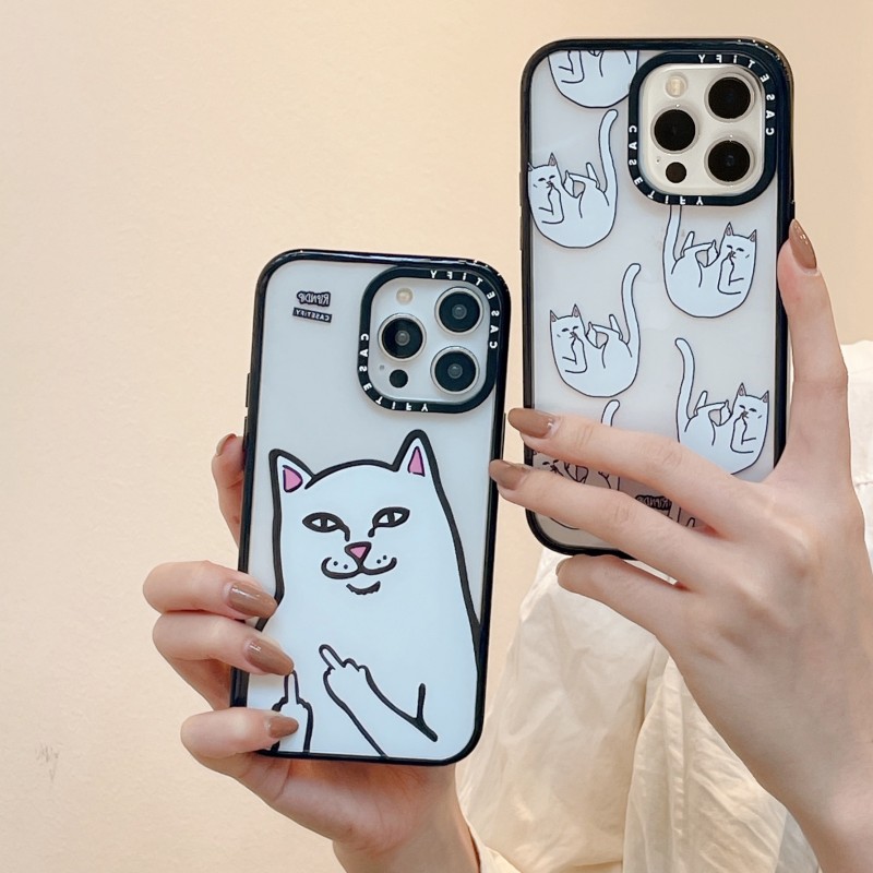 竖中指猫苹果15promax黑边手机壳iphone14pro可爱卡通13个性创意