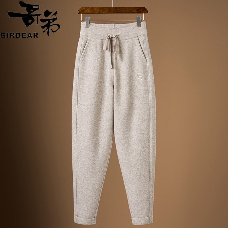 哥弟羊毛裤女外穿秋冬哈伦裤时尚百搭萝卜裤纯色加厚保暖小脚裤子