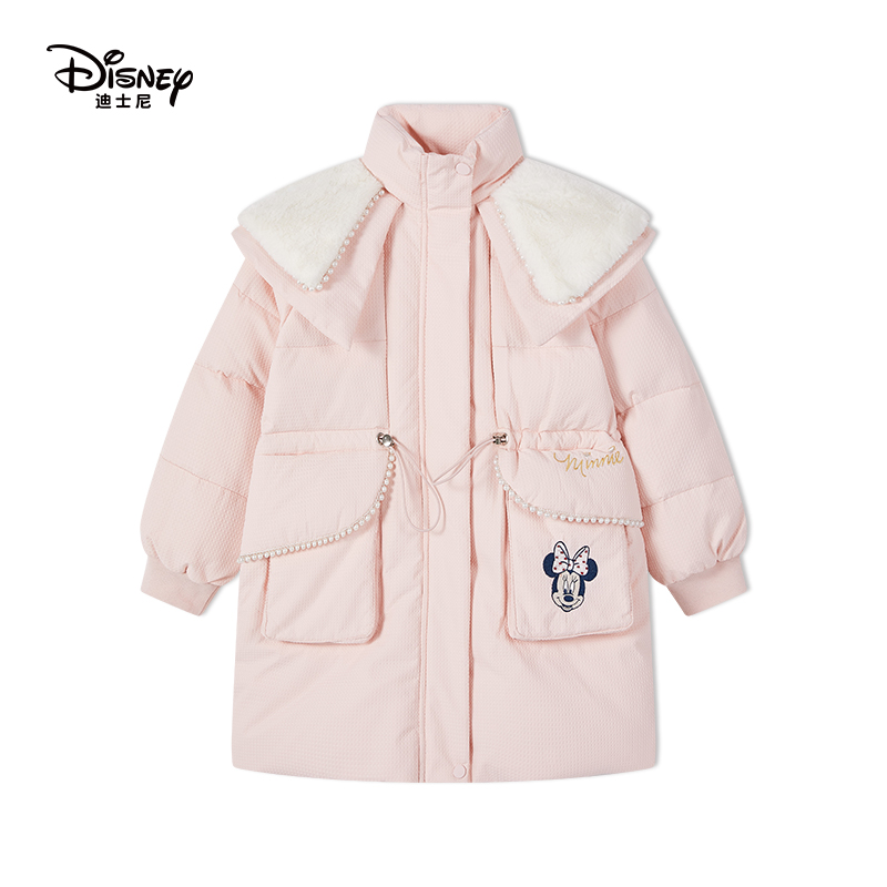 Disney/迪士尼新款女童保暖羽绒服连帽翻领加厚冬季中长款外套320