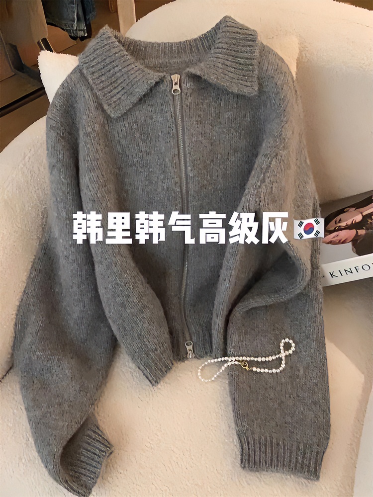 高级灰色高领厚毛衣外套女秋冬韩版慵懒风宽松针织开衫翻领上衣