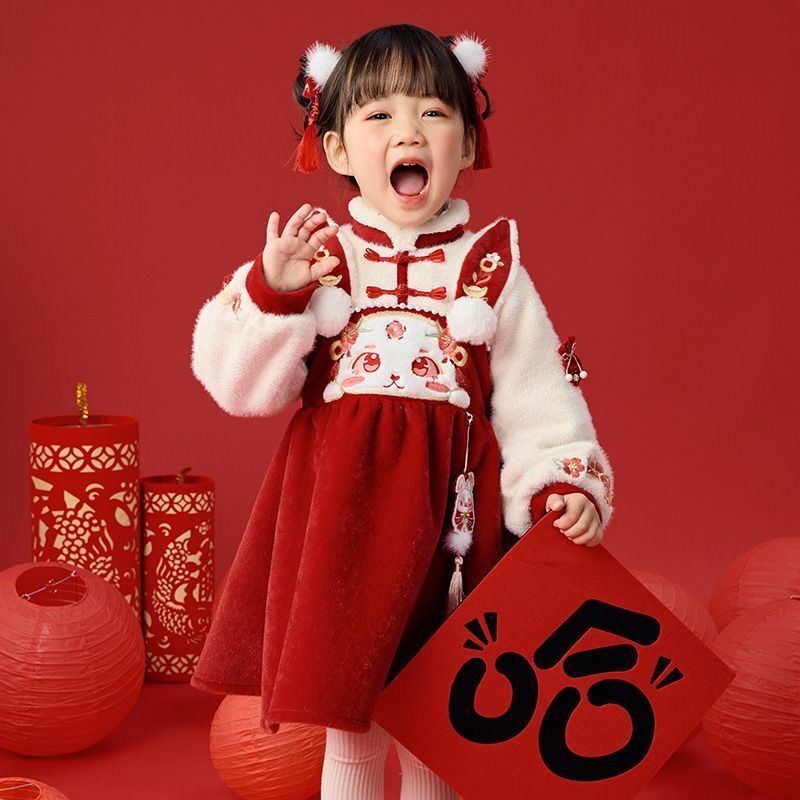 女童冬季加厚连衣裙女宝宝拜年服新年中国风喜庆红色加绒保暖裙子