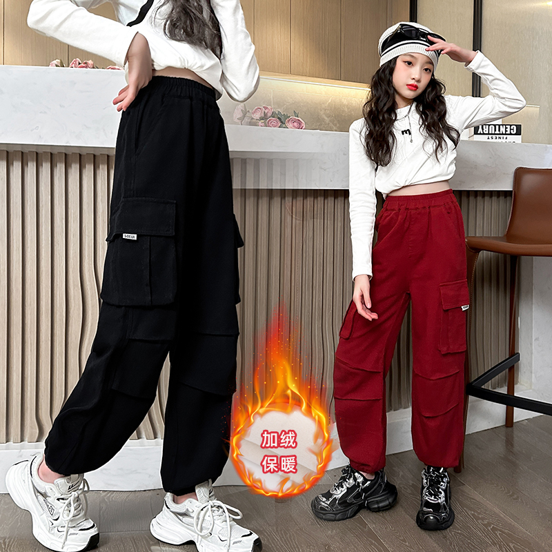 女童加绒裤子爆款2023新款儿童秋冬外穿6-12岁中大童一体绒工装裤