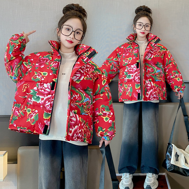 女童东北大花棉袄2023新款冬装棉服中大儿童加厚国潮保暖棉衣外套