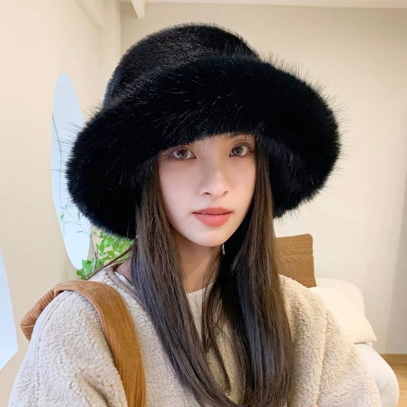 冬季大头围复古毛绒渔夫帽子女加厚仿皮草保暖百搭日系护耳盆帽潮