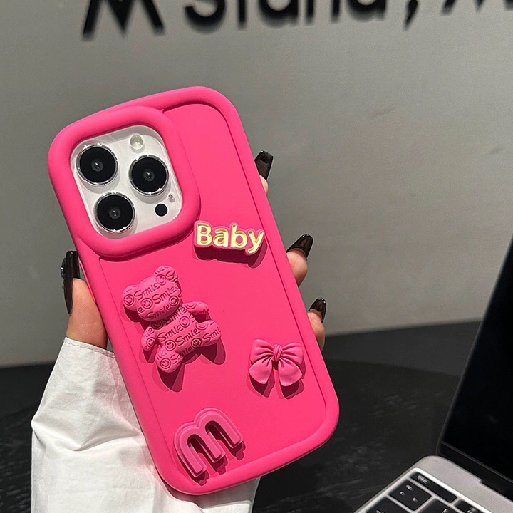 新款适用苹果14手机壳立体小熊iphone14pro玫粉色卡通13promax软