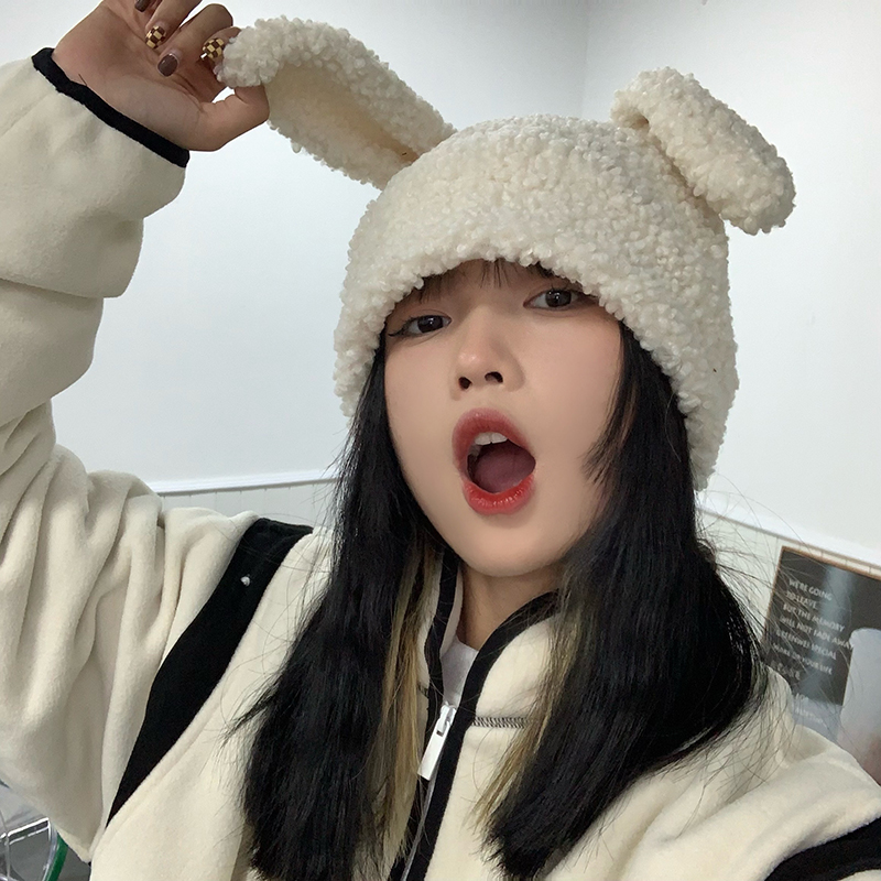 羊羔兔耳朵针织帽软糯毛线帽米色卡其色甜美可爱学生秋冬堆堆帽子