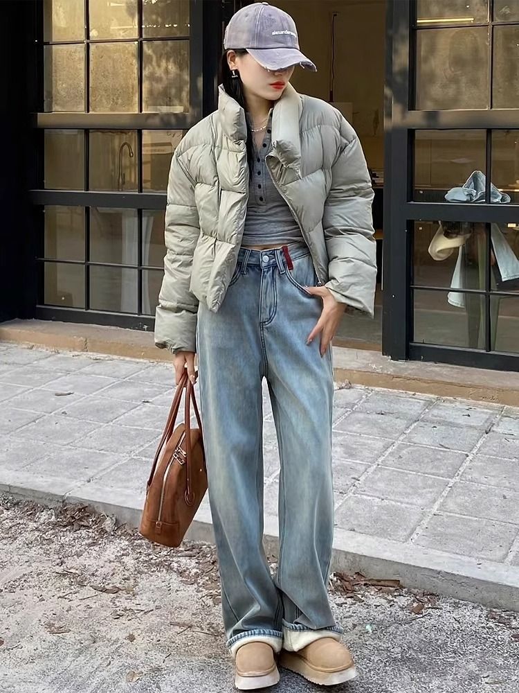 红色刺绣97加绒窄版阔腿牛仔裤女2023季高腰宽松浅蓝直筒百搭时尚