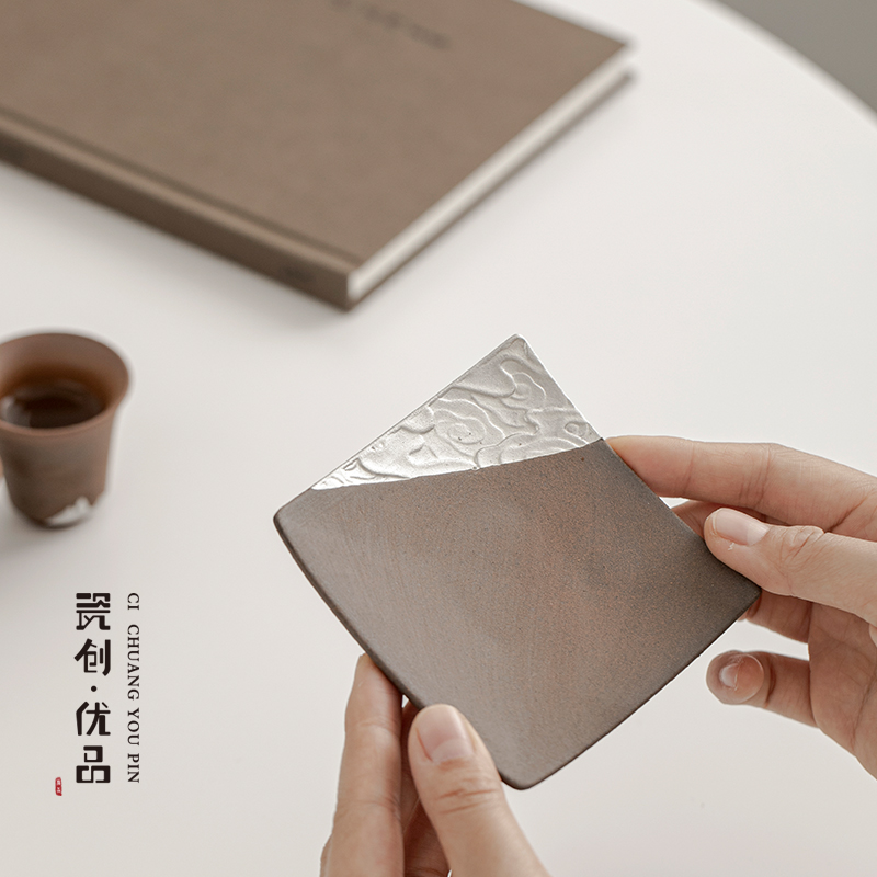 复古粗陶四方杯垫家用陶瓷隔热垫防烫杯托茶托功夫茶具茶道零配