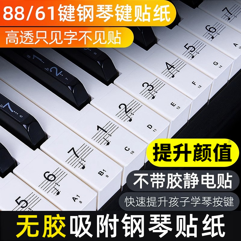 无胶透明88/61/54键钢琴键盘贴纸儿童成人电子琴无痕贴五线谱自学