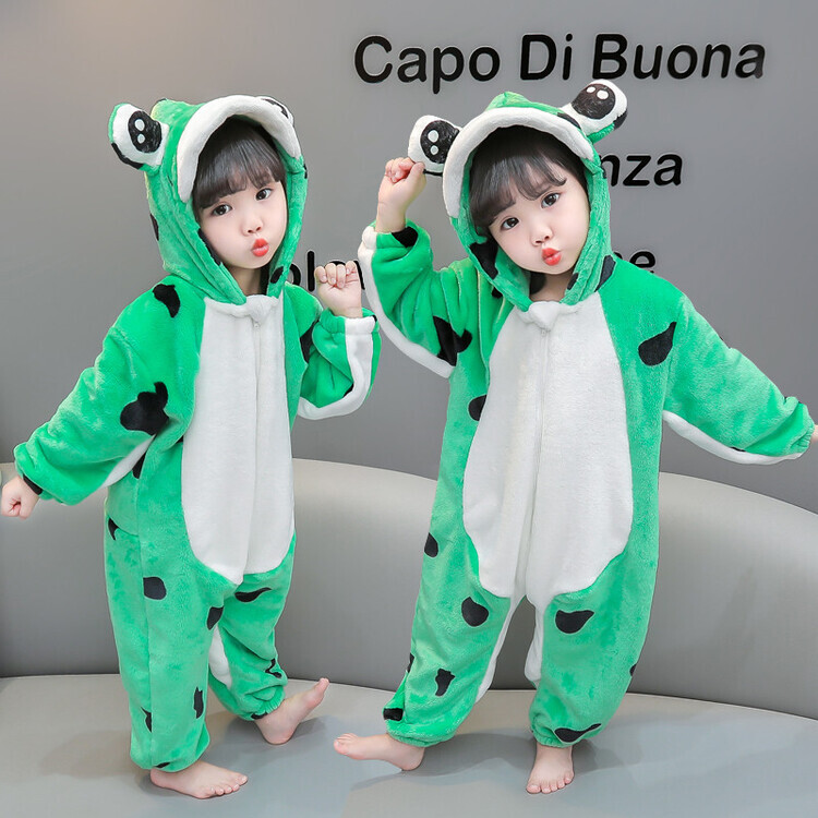 儿童秋冬连体家居服女童洋气可爱卡通青蛙睡衣男女宝宝冬季法兰绒