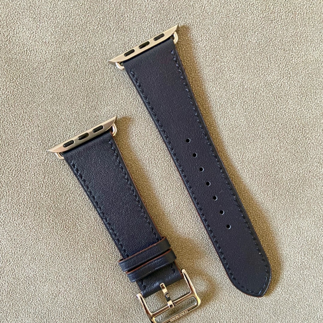 适配Apple watchs45678se深海蓝色牛皮表带针扣手工皮质手表带