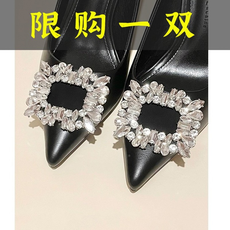 红蜻蜓牌软皮软底浅口高跟鞋女黑色职业细跟尖头水钻方扣气质通