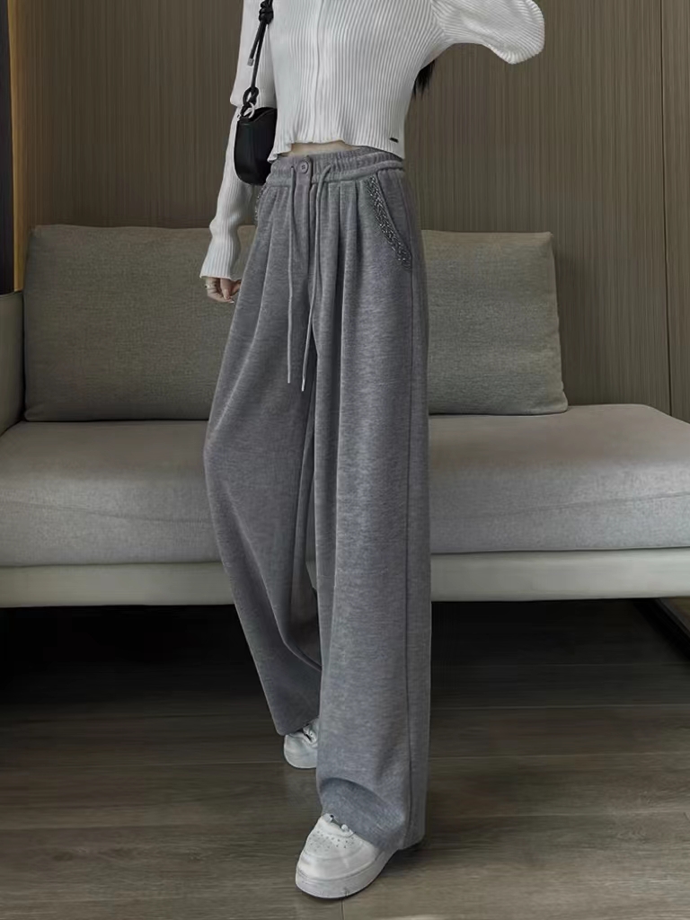 【钉珠口袋】加绒秋冬有垂感时尚宽松直筒阔腿裤(裤长99）