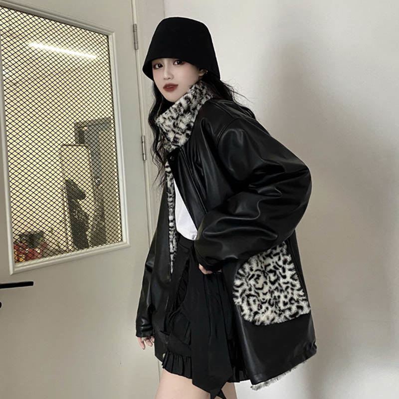炸街复古骑行外套女装秋冬2023新款骑行服豹纹两面穿加绒加厚棉服
