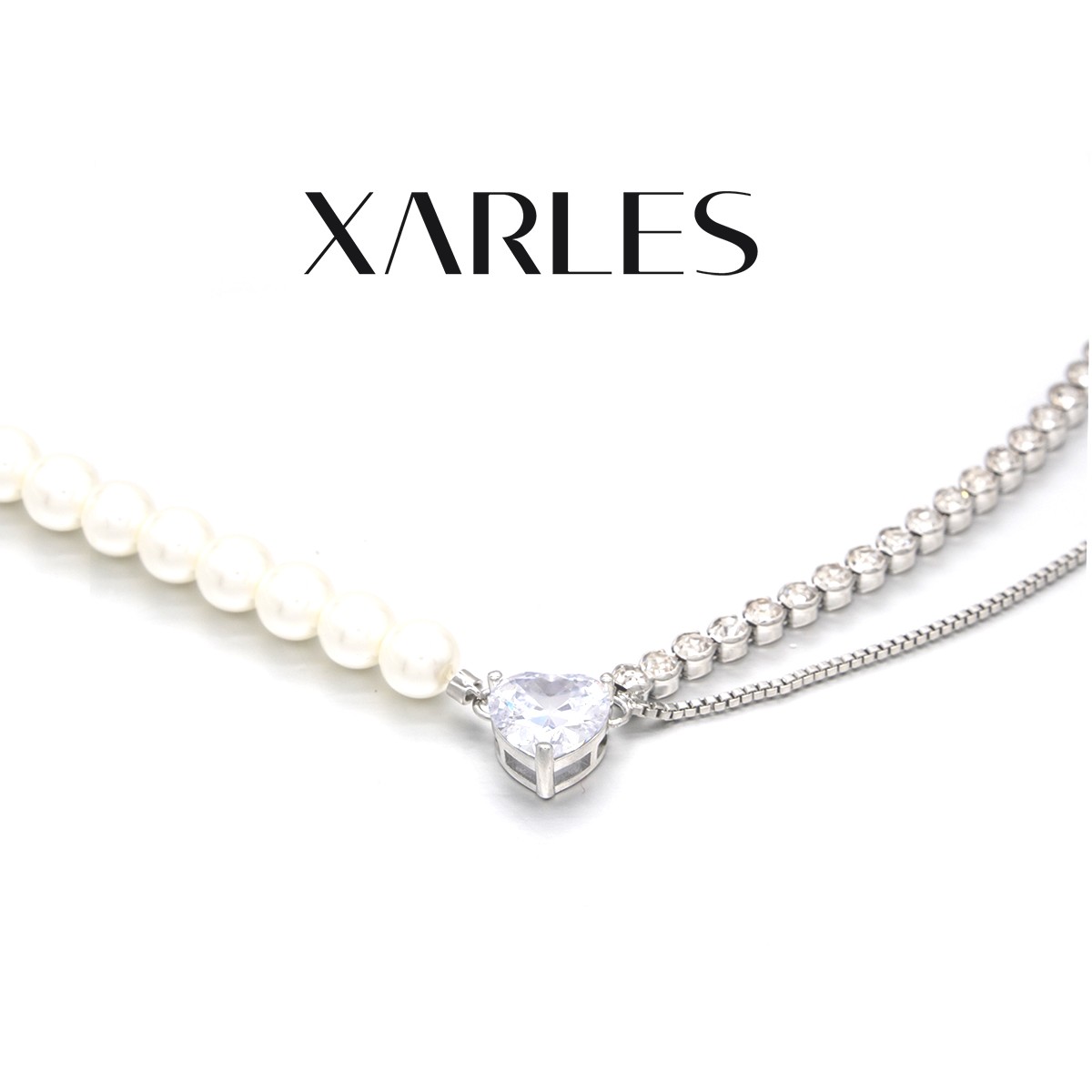 XARLES 铜合金项链 元-主石爱心白锆珍拼接AB银色项链30429