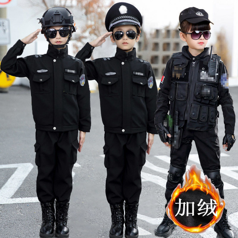 儿童警官衣服冬季加绒加厚棉服军装套装男女童衣服演出服