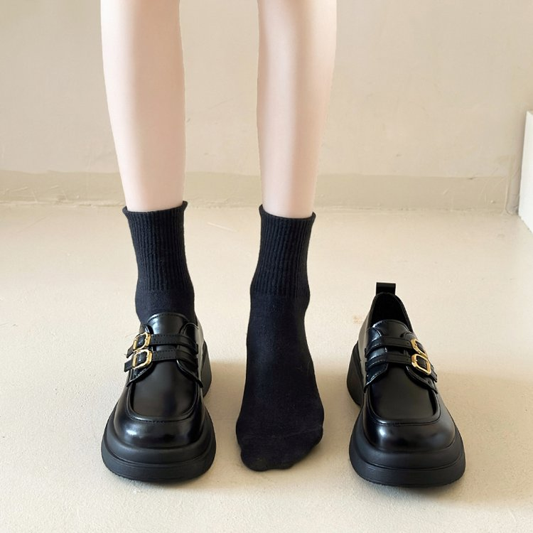 回力瑞加绒小皮鞋女2023秋冬新款黑色单鞋百搭学院厚底圆头乐福鞋