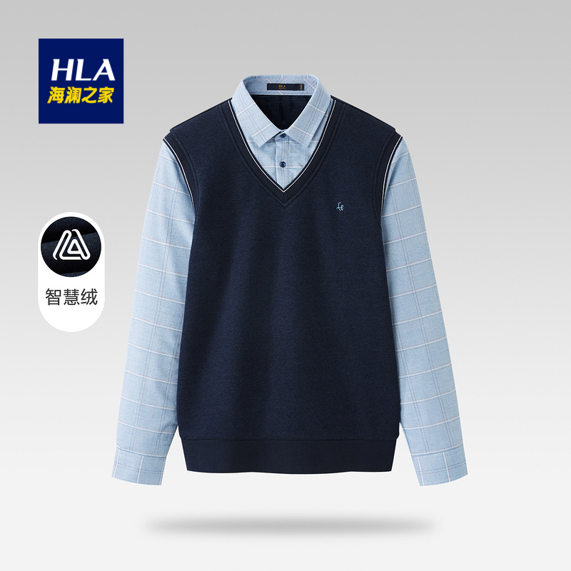 HLA/海澜之家内里加绒保暖针织衫背心款舒适休闲流行假两件毛衣男