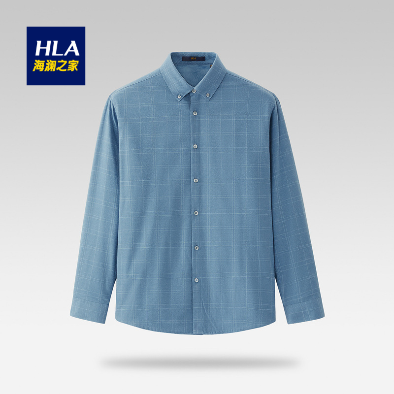 HLA/海澜之家经典男士休闲舒适透气格纹新工艺清新格子长袖衬衫男