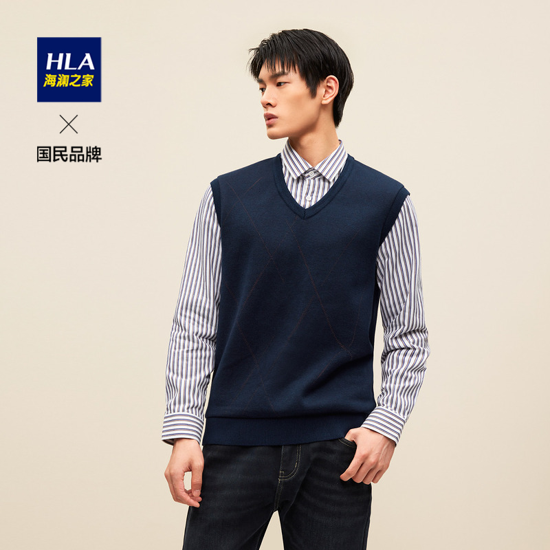 HLA/海澜之家简约内里加绒保暖背心款休闲舒适时尚假两件针织衫男