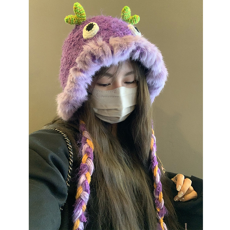 搞怪小怪兽帽子女秋冬季显脸小可爱针织毛绒帽加厚保暖护耳毛线帽