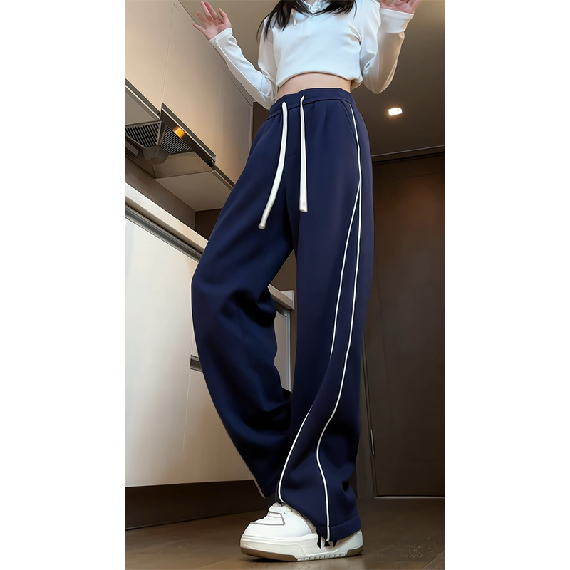 重磅藏青色加绒卫裤女秋冬宽松直筒美式高街条纹显瘦垂感运动裤子