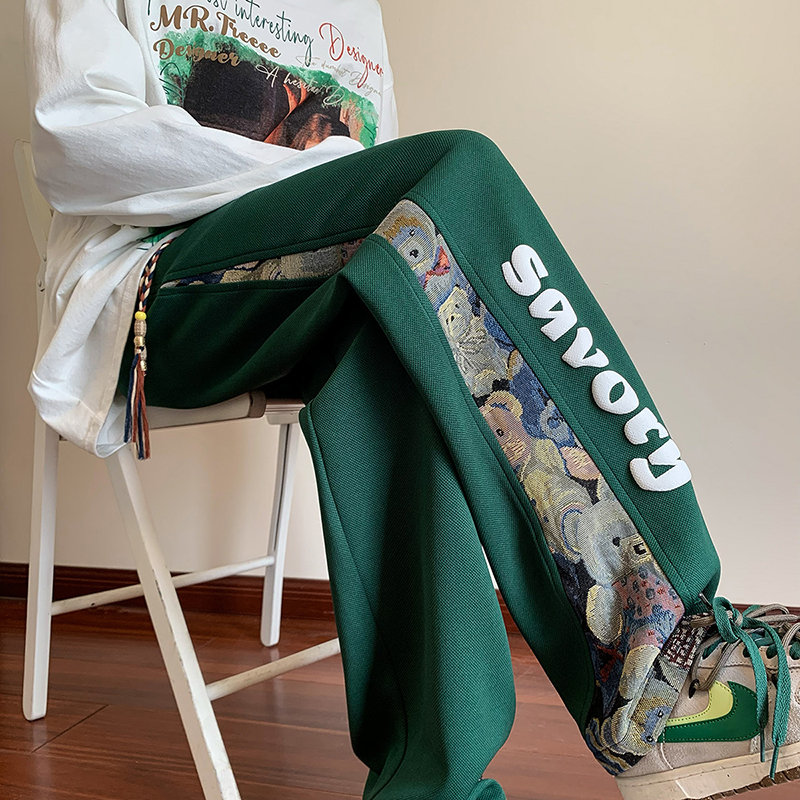 中式风小熊运动裤女宽松直筒春秋hiphop高街美式阔腿垂坠感卫裤子
