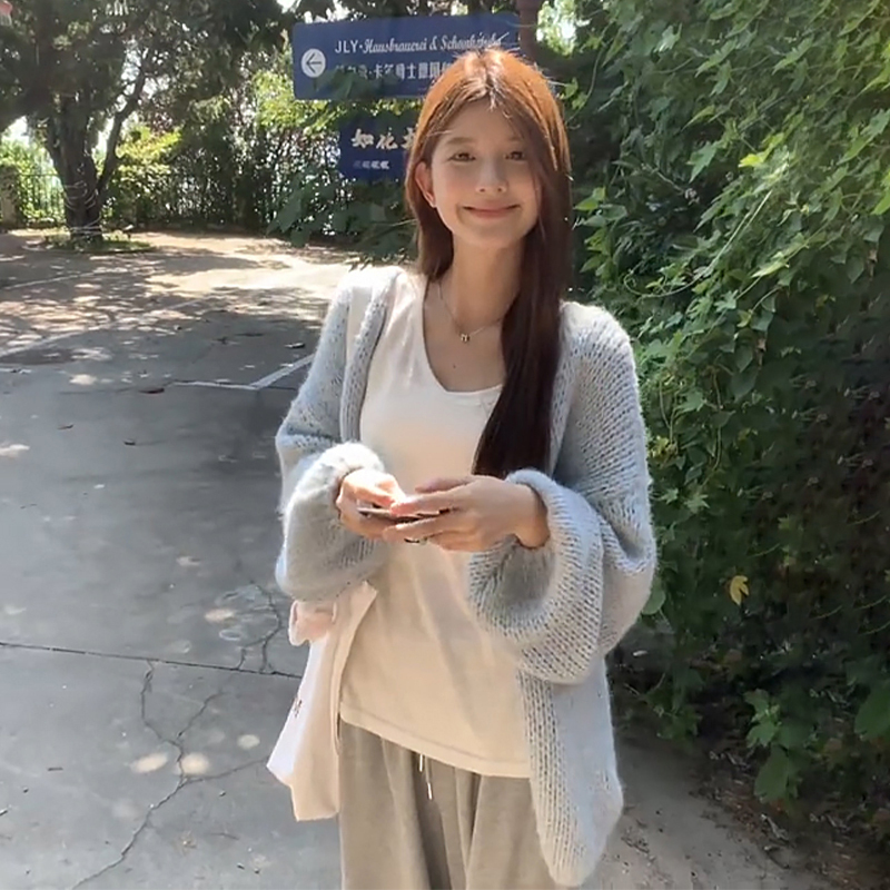 F116秋冬季新款慵懒风蓝色针织开衫毛衣外套女宽松软糯上衣外穿