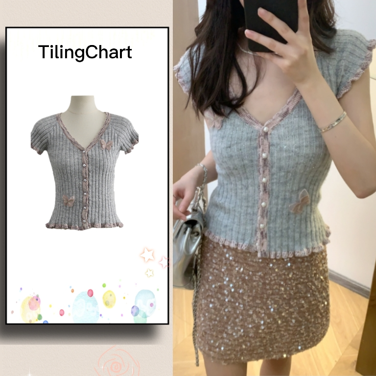 灰色蝴蝶撞色边短袖毛针织衫女春季新款v领法式修身t恤设计感小众