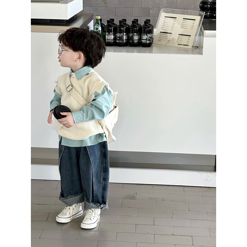 儿童套装秋季破烂毛衣蓝衬衫牛仔裤三件套宝宝日生礼服男童秋冬款
