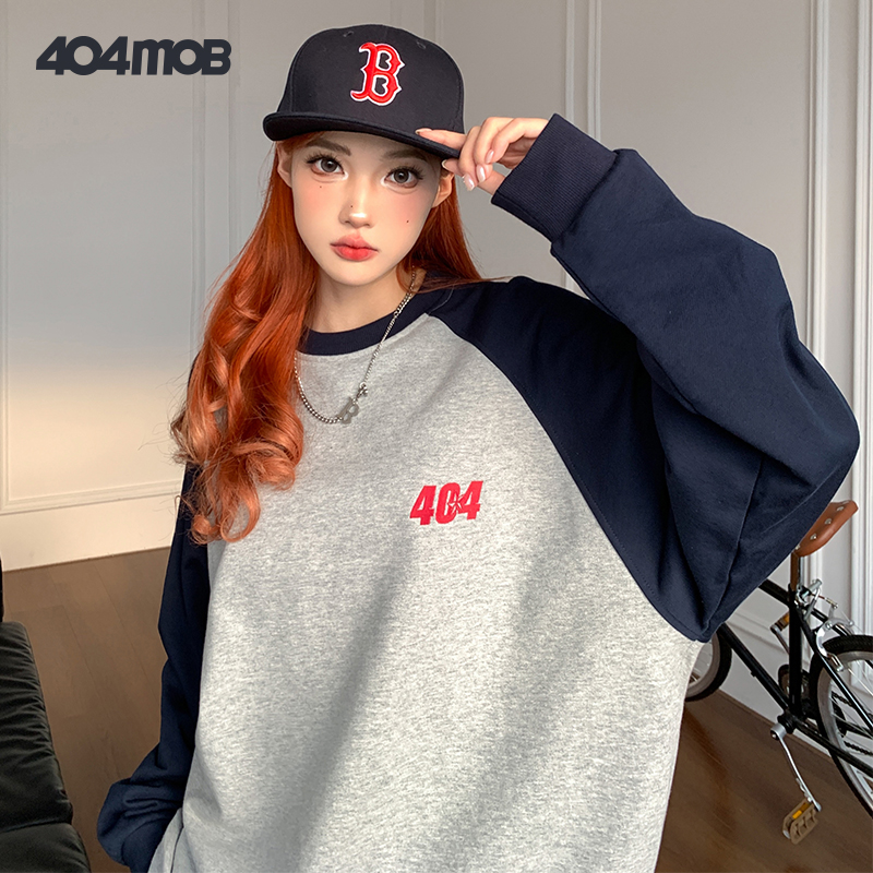404MOB  2023新款插肩袖刺绣logo宽松圆领套头卫衣百搭休闲上衣
