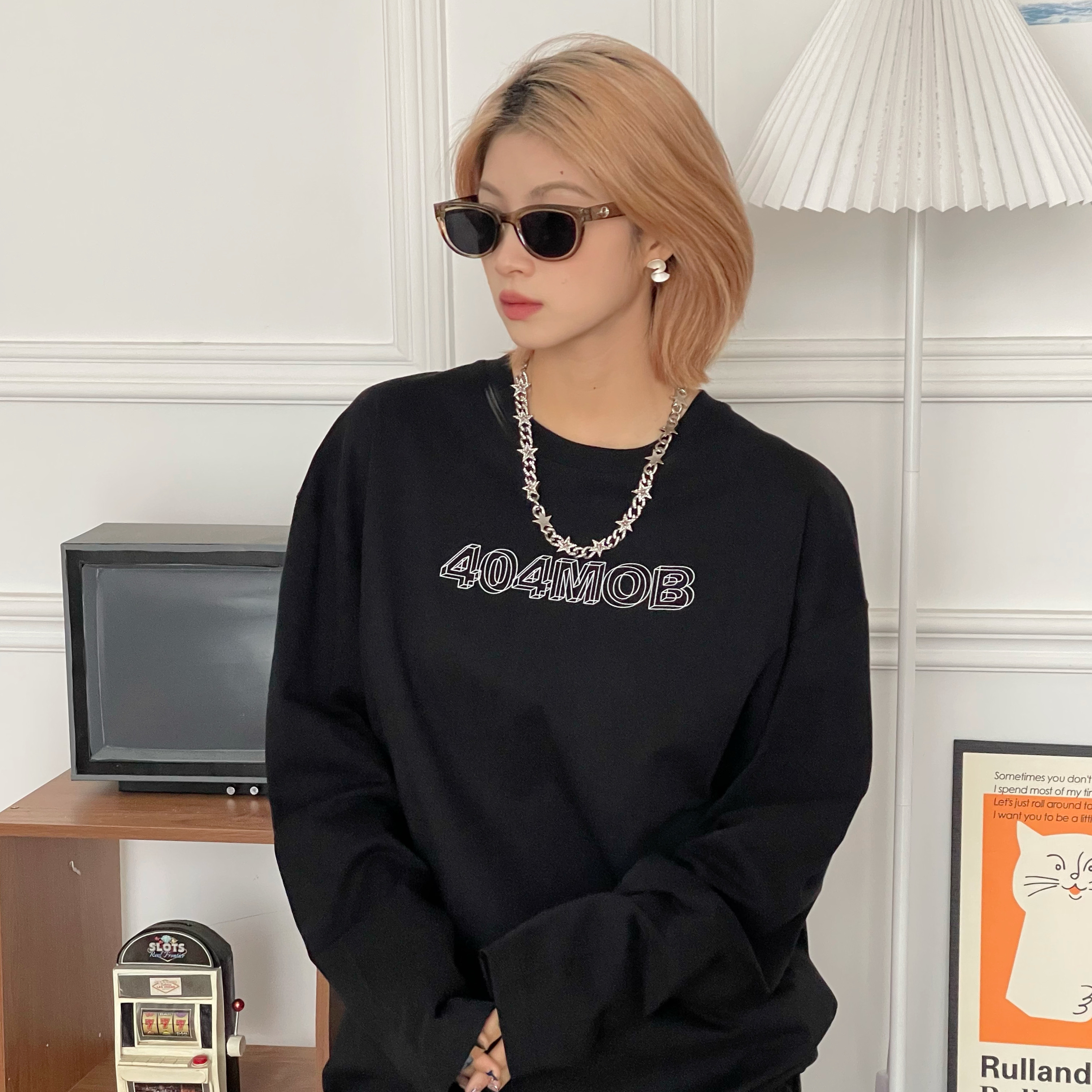 404MOB 国潮字母LOGO印花长袖圆领打底男女秋季宽松百搭纯棉休闲