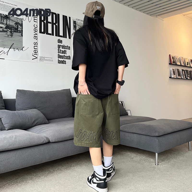 404MOB国潮高街休闲军工短裤工装男女重工洗水刺绣军绿色基础百搭