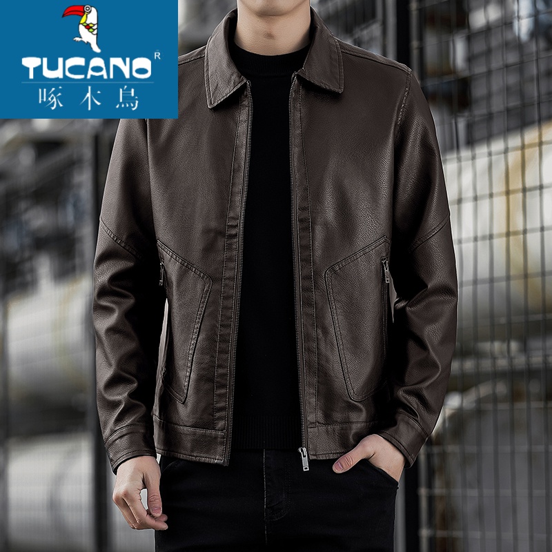 啄木鸟2023新款男士休闲款皮夹克男士秋冬商务方领时尚百搭夹克潮
