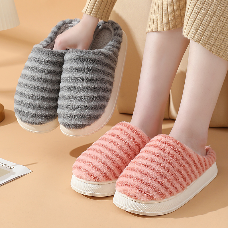 保暖拖鞋毛绒绒加厚情侣棉拖鞋冬季室内居家厚底防滑静音拼色拖鞋