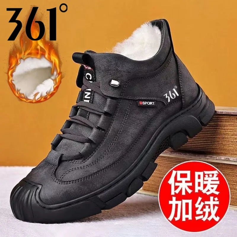 361度男鞋新款中高帮休闲皮鞋男真皮软底加绒棉羊毛鞋男潮马丁靴