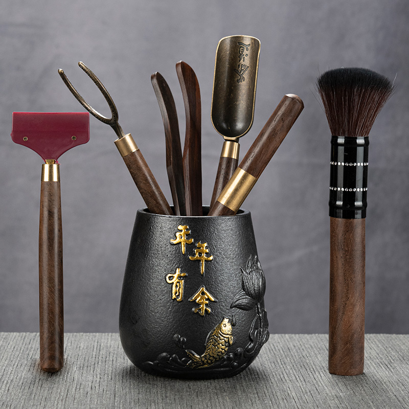 高档实木茶道六君子茶夹套装泡茶工具茶道杯6件套茶具配件收纳筒