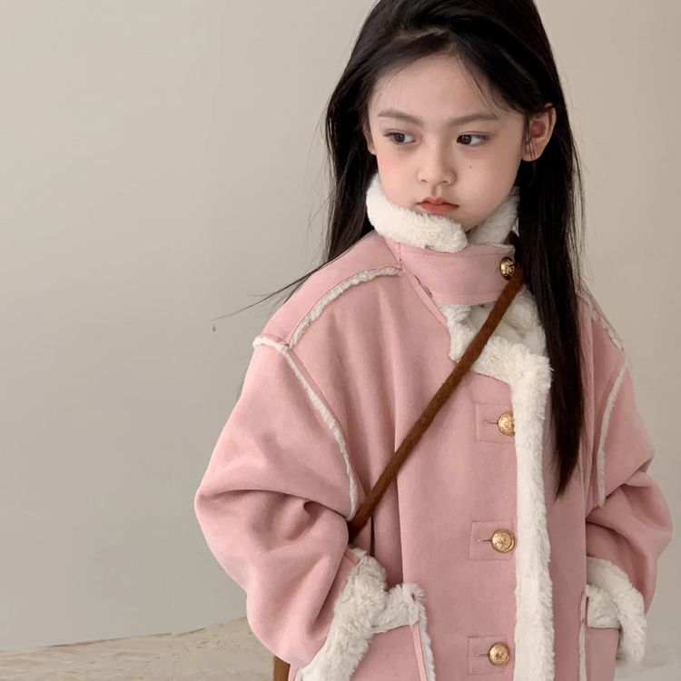 2023加绒女童洋气机车服网红韩版公主粉色秋冬毛绒保暖拼接外套